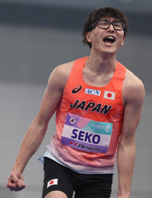 (260206) -- TIANJIN, Feb. 6, 2026 (Xinhua) -- Seko Yuto of Japan celebrates during the men's high jump final at the 12th Asian Indoor Athletics Championships 2026 in Tianjin, north China, Feb. 6, 2026. (Xinhua/Sun Fanyue)