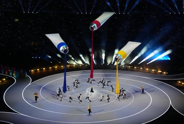 (260206) -- MILAN, Feb. 6, 2026 (Xinhua) -- Artists perform during the opening ceremony of the Milan-Cortina 2026 Olympic Winter Games at the San Siro Olympic Stadium in Milan, Italy, Feb. 6, 2026. (Xinhua/Xue Yuge)