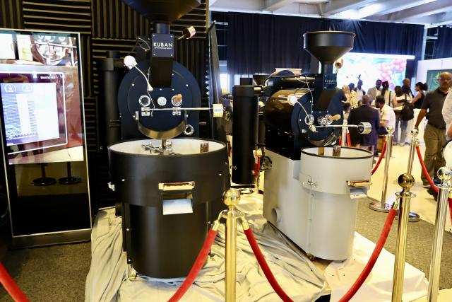 (260206) -- ADDIS ABABA, Feb. 6, 2026 (Xinhua) -- Coffee roasters are on display during the 22nd African Fine Coffees Conference and Exhibition in Addis Ababa, Ethiopia, Feb. 6, 2026. The 22nd African Fine Coffees Conference and Exhibition, running from February 4 to 6, 2026, has brought together producers, exporters, traders, roasters, investors, policymakers, and development partners to promote African coffee excellence and strengthen global market linkages. (Xinhua/Geng Xinning)