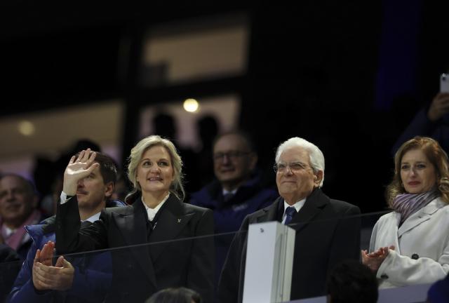 (260207) -- MILAN, Feb. 7, 2026 (Xinhua) -- International Olympic Committee (IOC) President Kirsty Coventry (2nd L) and Italian President Sergio Mattarella (2nd R) are seen during the opening ceremony of the Milan-Cortina 2026 Olympic Winter Games at the San Siro Olympic Stadium in Milan, Italy, Feb. 6, 2026. (Xinhua/Li Jing)