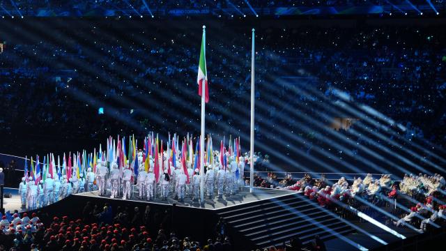 (260207) -- MILAN, Feb. 7, 2026 (Xinhua) -- The Italian national flag is raised during the opening ceremony of the Milan-Cortina 2026 Olympic Winter Games at the San Siro Olympic Stadium in Milan, Italy, Feb. 6, 2026. (Xinhua/Tao Xiyi)