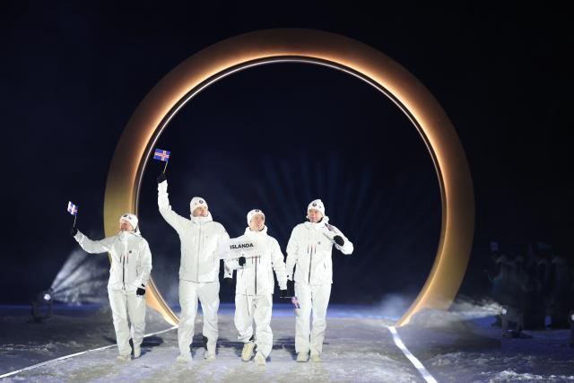 (260207) -- PREDAZZO, Feb. 7, 2026 (Xinhua) -- The delegation of Iceland parades into the Predazzo Ski Jumping Stadium during the opening ceremony of the Milan-Cortina 2026 Olympic Winter Games in Predazzo, Italy, Feb. 6, 2026. (Xinhua/Huang Wei)