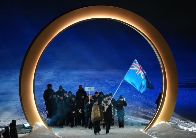 (260207) -- LIVIGNO, Feb. 7, 2026 (Xinhua) -- Members of the delegation of New Zealand attend the parade of athletes during the opening ceremony of the Milan-Cortina 2026 Olympic Winter Games in Livigno, Italy, Feb. 6, 2026. (Xinhua/Xia Yifang)