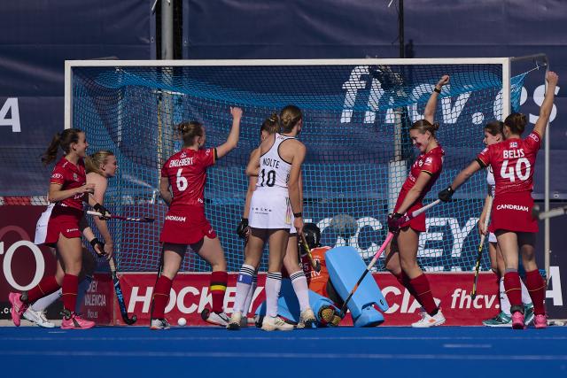 (260207) -- VALENCIA, Feb. 7, 2026 (Xinhua) -- Players of Belgium celebrate a goal during the FIH Hockey Pro League women's match between Germany and Belgium in Valencia, Spain, Feb. 6, 2026. (Photo by Pablo Morano/Xinhua)