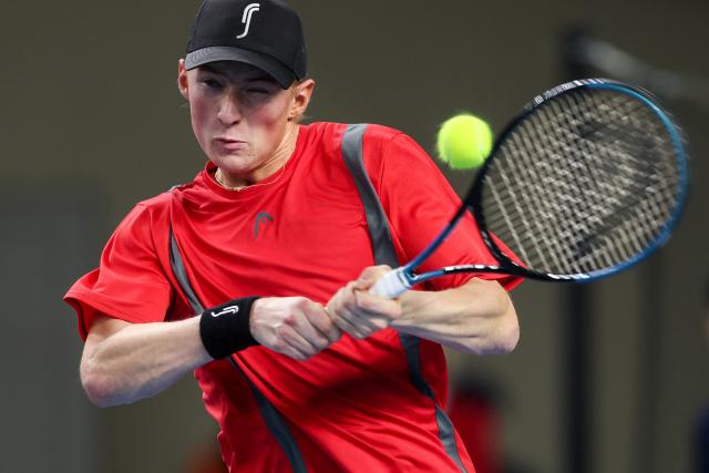 (260207) -- VARAZDIN, Feb. 7, 2026 (Xinhua) -- Elmer Moeller of Team Denmark hits a return in the fist match against Matej Dodig of Team Croatia during the Davis Cup Qualifier first round match between Croatia and Denmark in Varazdin, Croatia, on Feb. 6, 2026. (Photo by Igor Kralj/PIXSELL via Xinhua)