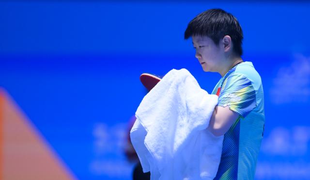 (260207) -- HAIKOU, Feb. 7, 2026 (Xinhua) -- Sun Yingsha reacts before the women's singles round of 16 match between Sun Yingsha of China and Kim Nayeong of South Korea at the ITTF-ATTU Asian Cup Haikou 2026 table tennis tournament in Haikou, south China's Hainan Province, Feb. 7, 2026. (Xinhua/Yang Guanyu)