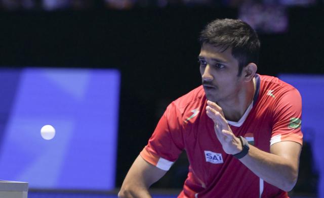 (260207) -- HAIKOU, Feb. 7, 2026 (Xinhua) -- Pal Akash hits a return during the men's singles round of 16 match between Lin Shidong of China and Pal Akash of India at the ITTF-ATTU Asian Cup Haikou 2026 table tennis tournament in Haikou, south China's Hainan Province, Feb. 7, 2026. (Xinhua/Yang Guanyu)