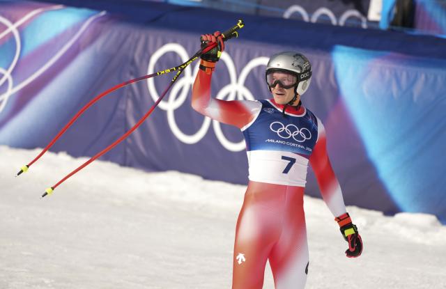(260207) -- BORMIO, Feb. 7, 2026 (Xinhua) -- Marco Odermatt of Switzerland reacts during the alpine skiing men's downhill of the Milan-Cortina 2026 Olympic Winter Games in Bormio, Italy, Feb. 7, 2026. (Xinhua/Yan Linyun)