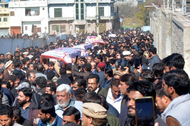 (260207) -- ISLAMABAD, Feb. 7, 2026 (Xinhua) -- People attend a funeral ceremony for victims of a mosque explosion in Islamabad, capital of Pakistan on Feb. 7, 2026. At least 31 people were killed and around 170 others were injured after an explosion ripped through a mosque during Friday prayers in Pakistan's federal capital city of Islamabad, police and government officials said. (Xinhua)