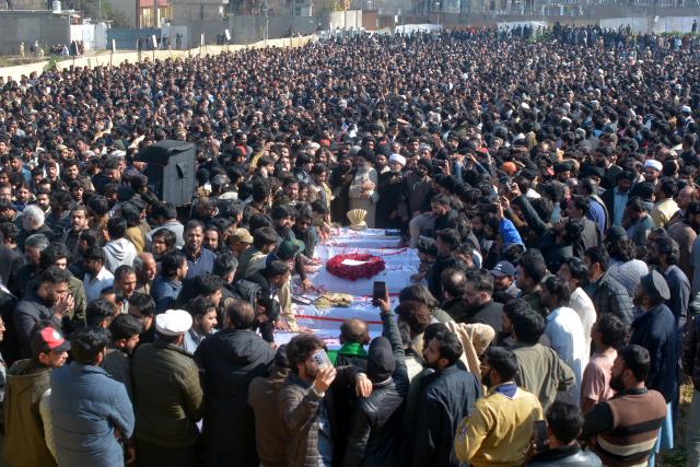 (260207) -- ISLAMABAD, Feb. 7, 2026 (Xinhua) -- People attend a funeral ceremony for victims of a mosque explosion in Islamabad, capital of Pakistan on Feb. 7, 2026. At least 31 people were killed and around 170 others were injured after an explosion ripped through a mosque during Friday prayers in Pakistan's federal capital city of Islamabad, police and government officials said. (Xinhua)
