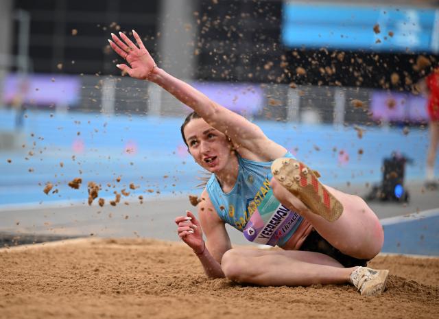 (260207) -- TIANJIN, Feb. 7, 2026 (Xinhua) -- Mariya Yefremova of Kazakhstan competes during the women's triple jump final at the 12th Asian Indoor Athletics Championships 2026 in Tianjin, north China, Feb. 7, 2026. (Xinhua/Zhao Zishuo)