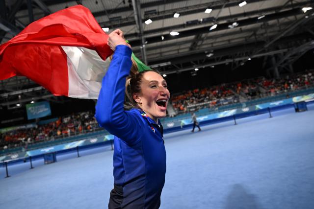 (260207) -- MILAN, Feb. 7, 2026 (Xinhua) -- Francesca Lollobrigida of Italy celebrates after the speed skating women's 3000m final at the Milan-Cortina 2026 Olympic Winter Games in Milan, Italy, Feb. 7, 2026. (Xinhua/Wu Wei)