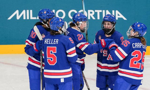 (260207) -- MILAN, Feb. 7, 2026 (Xinhua) -- Players of the United States celebrate during the ice hockey women's preliminary round group A match between the United States and Finland at the Milan-Cortina 2026 Olympic Winter Games in Milan, Italy, Feb. 7, 2026. (Xinhua/Sun Fei)