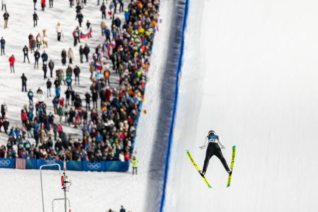 (260208) -- PREDAZZO, Feb. 8, 2026 (Xinhua) -- Anna Odine Stroem of Norway competes during the Ski Jumping Women's Normal Hill Individual of the 2026 Milan-Cortina Winter Olympics in Predazzo, Italy, Feb. 7, 2026. (Xinhua/Huang Wei)