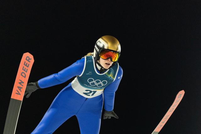 (260208) -- PREDAZZO, Feb. 8, 2026 (Xinhua) -- Maja Kovacic of Slovenia competes during the Ski Jumping Women's Normal Hill Individual of the 2026 Milan-Cortina Winter Olympics in Predazzo, Italy, Feb. 7, 2026. (Xinhua/Huang Wei)