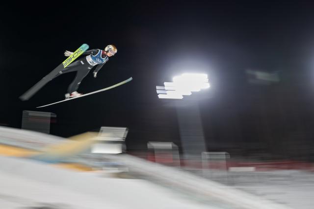 (260208) -- PREDAZZO, Feb. 8, 2026 (Xinhua) -- Josephine Pagnier of France competes during the Ski Jumping Women's Normal Hill Individual of the 2026 Milan-Cortina Winter Olympics in Predazzo, Italy, Feb. 7, 2026. (Xinhua/Huang Wei)