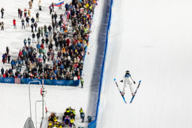 (260208) -- PREDAZZO, Feb. 8, 2026 (Xinhua) -- Nika Prevc of Slovenia competes during the Ski Jumping Women's Normal Hill Individual of the 2026 Milan-Cortina Winter Olympics in Predazzo, Italy, Feb. 7, 2026. (Xinhua/Huang Wei)