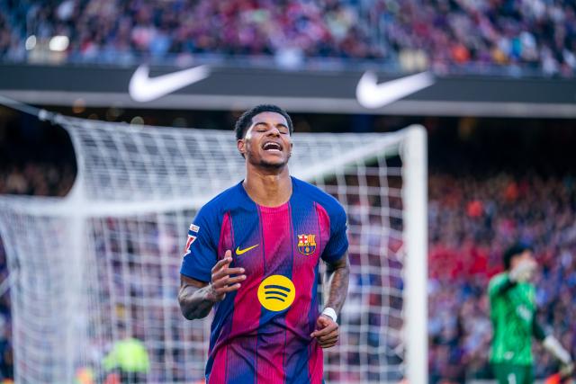 (260208) -- BARCELONA, Feb. 8, 2026 (Xinhua) -- Marcus Rashford of Barcelona reacts during La Liga football match between FC Barcelona and RCD Mallorca in Barcelona, Spain, Feb. 7, 2026. (Photo by Joan Gosa/Xinhua)