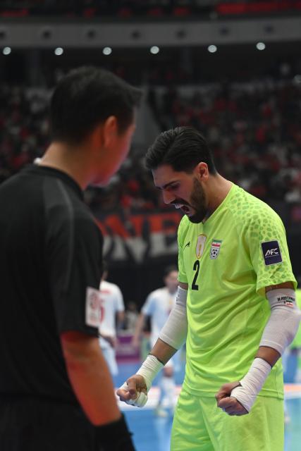 (260208) -- JAKARTA, Feb. 8, 2026 (Xinhua) -- Mahdi Rostami (R), goalkeeper of Iran reacts after blocking penalty shoot during the final match between Indonesia and Iran at the AFC Futsal Asian Cup 2026 in the Indonesia Arena stadium, Jakarta, Indonesia, Feb. 7, 2026. (Xinhua/Agung Kuncahya B.)