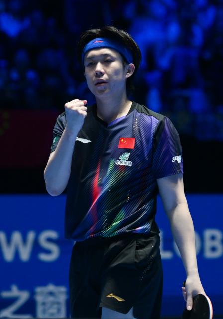 (260208) -- HAIKOU, Feb. 8, 2026 (Xinhua) -- Wang Chuqin celebrates during the men's singles semifinal match between Wang Chuqin of China and Chang Yu-An of Chinese Taipei at the ITTF-ATTU Asian Cup Haikou 2026 table tennis tournament in Haikou, south China's Hainan Province, Feb. 8, 2026. (Xinhua/Yang Guanyu)