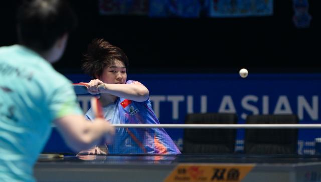 (260208) -- HAIKOU, Feb. 8, 2026 (Xinhua) -- Kuai Man hits a return during the women's singles semifinal match between Sun Yingsha of China and Kuai Man of China at the ITTF-ATTU Asian Cup Haikou 2026 table tennis tournament in Haikou, south China's Hainan Province, Feb. 8, 2026. (Xinhua/Yang Guanyu)