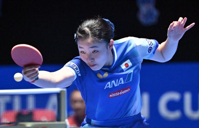 (260208) -- HAIKOU, Feb. 8, 2026 (Xinhua) -- Harimoto Miwa hits a return during the women's singles position 3-4 match between Harimoto Miwa of Japan and Kuai Man of China at the ITTF-ATTU Asian Cup Haikou 2026 table tennis tournament in Haikou, south China's Hainan Province, Feb. 8, 2026. (Xinhua/Guo Cheng)