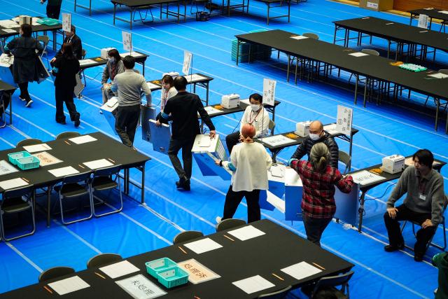 (260208) -- TOKYO, Feb. 8, 2026 (Xinhua) -- Staff members work at a counting station for the general election in Tokyo, Japan, Feb. 8, 2026. Japan's ruling coalition of Liberal Democratic Party (LDP) and its partner Japan Innovation Party is expected to secure a majority of seats in the House of Representatives in Sunday's general election, public broadcaster NHK said, citing its exit poll. (Xinhua/Jia Haocheng)
