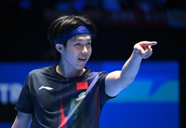 (260208) -- HAIKOU, Feb. 8, 2026 (Xinhua) -- Wang Chuqin celebrates after winning the men's singles final between Wang Chuqin of China and Harimoto Tomokazu of Japan at the ITTF-ATTU Asian Cup Haikou 2026 table tennis tournament in Haikou, south China's Hainan Province, Feb. 8, 2026. (Xinhua/Guo Cheng)