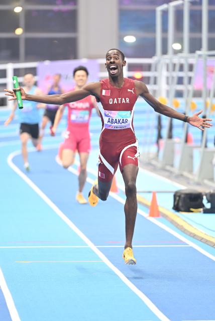 (260208) -- TIANJIN, Feb. 8, 2026 (Xinhua) -- Abakar Ismail Doudai O of Qatar celebrates after the men's 4x400m final at the 12th Asian Indoor Athletics Championships 2026 in Tianjin, north China, Feb. 8, 2026. (Xinhua/Li Ran)