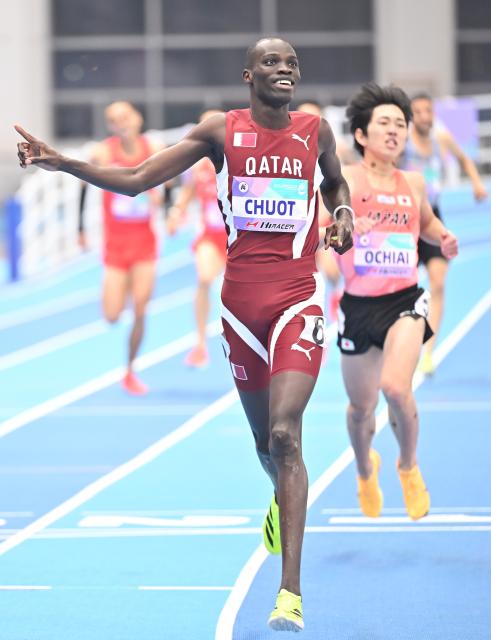 (260208) -- TIANJIN, Feb. 8, 2026 (Xinhua) -- Chuot Ibrahim Abass M of Qatar celebrates after the men's 800m final at the 12th Asian Indoor Athletics Championships 2026 in Tianjin, north China, Feb. 8, 2026. (Xinhua/Li Ran)