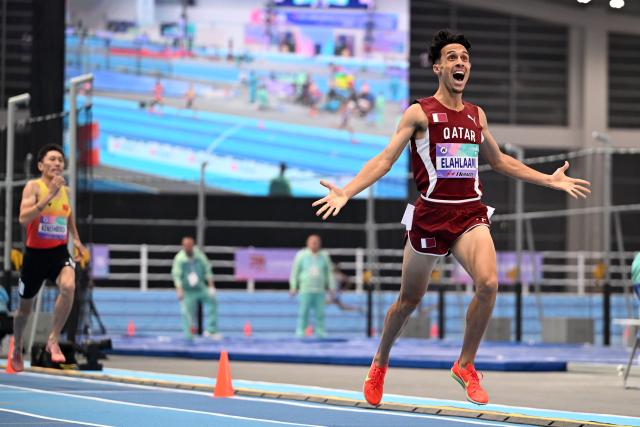 (260208) -- TIANJIN, Feb. 8, 2026 (Xinhua) -- Zakaria Elahlaami of Qatar celebrates after the men's 1500m final at the 12th Asian Indoor Athletics Championships 2026 in Tianjin, north China, Feb. 8, 2026. (Xinhua/Zhao Zishuo)