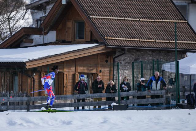 (260208) -- TESERO, Feb. 8, 2026 (Xinhua) -- Stevenson Savart of Haiti competes during the cross-country skiing men's 10km+10km skiathlon at the Milan-Cortina 2026 Olympic Winter Games in Tesero, Italy, Feb. 8, 2026. (Xinhua/Peng Ziyang)