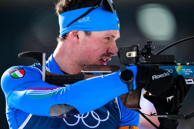 (260208) -- ANTERSELVA, Feb. 8, 2026 (Xinhua) -- Tommaso Giacomel of Italy competes during the biathlon mixed relay 4 x 6km (M+W) at the Milan-Cortina 2026 Olympic Winter Games in Anterselva, Italy, Feb. 8, 2026. (Xinhua/Jiang Han)