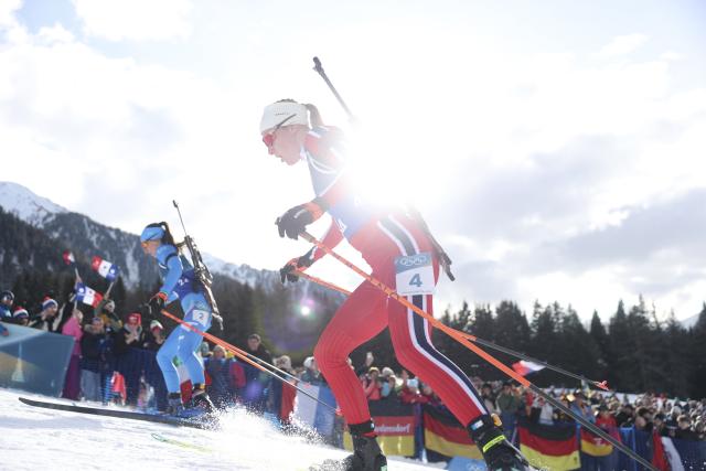 (260208) -- ANTERSELVA, Feb. 8, 2026 (Xinhua) -- Maren Kirkeeide of Norway competes during the biathlon mixed relay 4 x 6km (M+W) at the Milan-Cortina 2026 Olympic Winter Games in Anterselva, Italy, Feb. 8, 2026. (Xinhua/Zhang Tao)