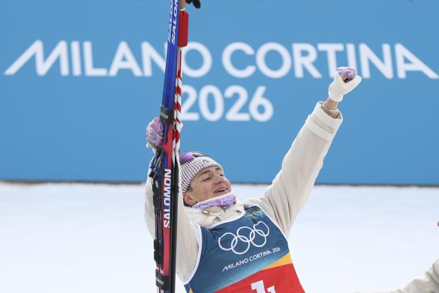 (260208) -- ANTERSELVA, Feb. 8, 2026 (Xinhua) -- Eric Perrot of France celebrates after the biathlon mixed relay 4 x 6km (M+W) at the Milan-Cortina 2026 Olympic Winter Games in Anterselva, Italy, Feb. 8, 2026. (Xinhua/Zhang Tao)