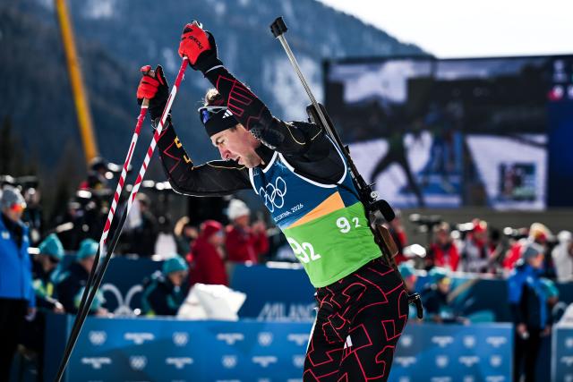 (260208) -- ANTERSELVA, Feb. 8, 2026 (Xinhua) -- Philipp Nawrath of Germany competes during the biathlon mixed relay 4 x 6km (M+W) at the Milan-Cortina 2026 Olympic Winter Games in Anterselva, Italy, Feb. 8, 2026. (Xinhua/Jiang Han)