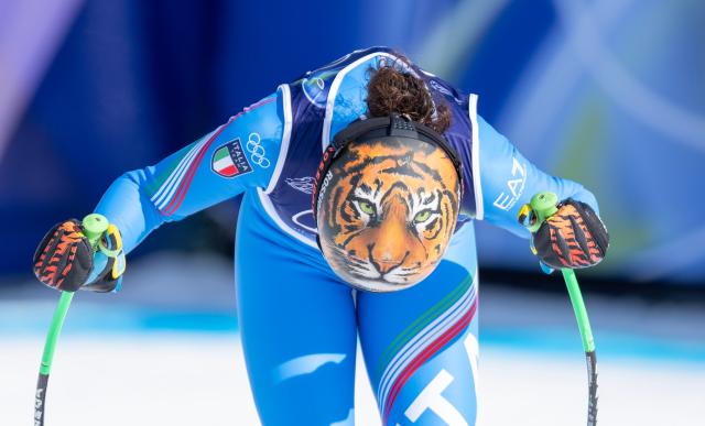 (260208) -- CORTINA D'AMPEZZO, Feb. 8, 2026 (Xinhua) -- Federica Brignone of Italy reacts after the alpine skiing women's downhill at the Milan-Cortina 2026 Olympic Winter Games in Cortina, Italy, Feb. 8, 2026. (Xinhua/Fei Maohua)