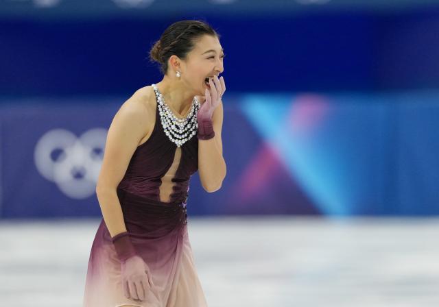 (260208) -- MILAN, Feb. 8, 2026 (Xinhua) -- Sakamoto Kaori of Japan reacts after her performance during the figure skating team event women single skating free skating of the Milan-Cortina 2026 Olympic Winter Games in Milan, Italy, Feb. 8, 2026. (Xinhua/Xue Yuge)