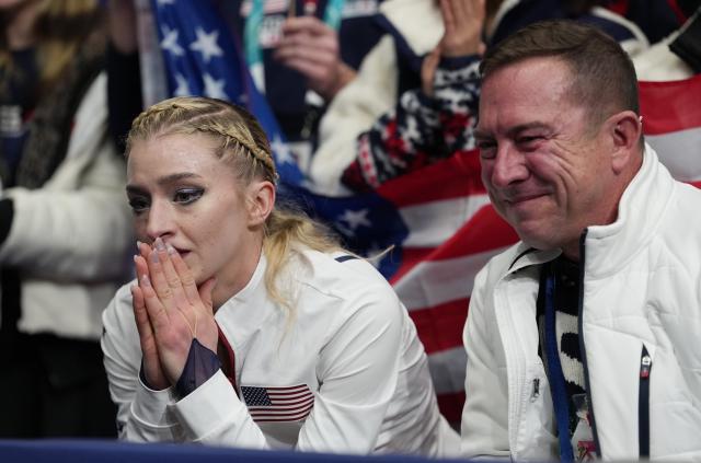 (260208) -- MILAN, Feb. 8, 2026 (Xinhua) -- Amber Glenn (L) of the United States reacts after her performance during the figure skating team event women single skating free skating of the Milan-Cortina 2026 Olympic Winter Games in Milan, Italy, Feb. 8, 2026. (Xinhua/Xue Yuge)