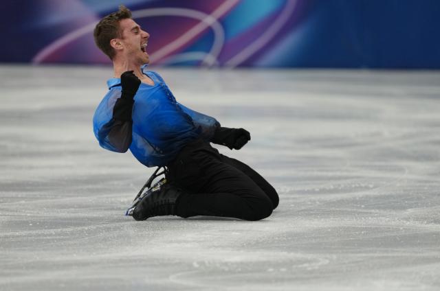 (260208) -- MILAN, Feb. 8, 2026 (Xinhua) -- Matteo Rizzo of Italy reacts after his performance during the figure skating team event men single skating free skating of the Milan-Cortina 2026 Olympic Winter Games in Milan, Italy, Feb. 8, 2026. (Xinhua/Xue Yuge)