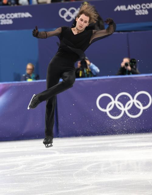 (260208) -- MILAN, Feb. 8, 2026 (Xinhua) -- Nika Egadze of Georgia competes during the figure skating team event men single skating free skating of the Milan-Cortina 2026 Olympic Winter Games in Milan, Italy, Feb. 8, 2026. (Xinhua/Li Ming)