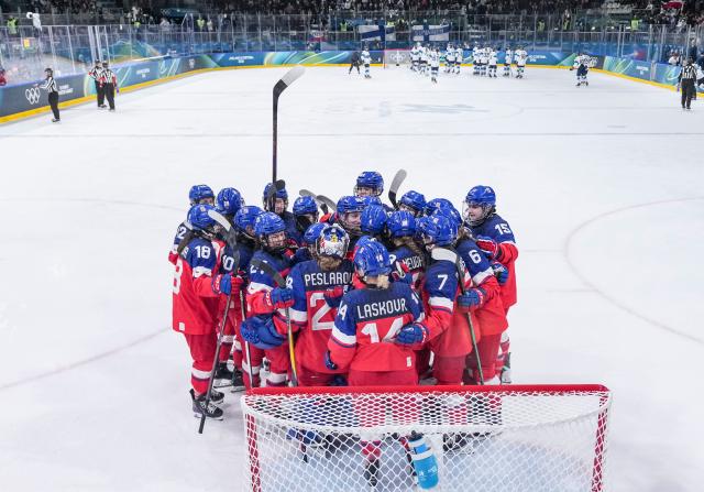 (260208) -- MILAN, Feb. 8, 2026 (Xinhua) -- Players of the Czech Republic celebrate after the ice hockey women's preliminary round group A match between the Czech Republic and Finland at the Milan-Cortina 2026 Olympic Winter Games in Milan, Italy, Feb. 8, 2026. (Xinhua/Sun Fei)
