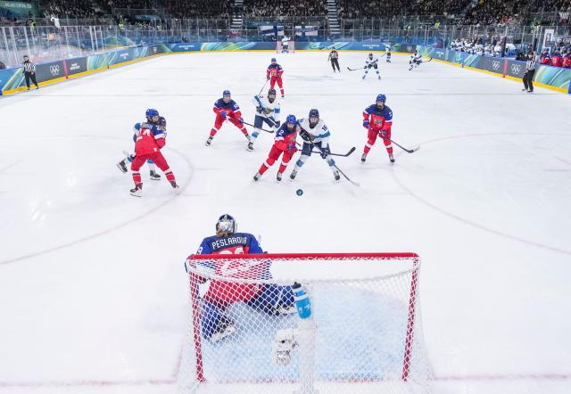 (260208) -- MILAN, Feb. 8, 2026 (Xinhua) -- Petra Nieminen of Finland shoots during the ice hockey women's preliminary round group A match between the Czech Republic and Finland at the Milan-Cortina 2026 Olympic Winter Games in Milan, Italy, Feb. 8, 2026. (Xinhua/Sun Fei)
