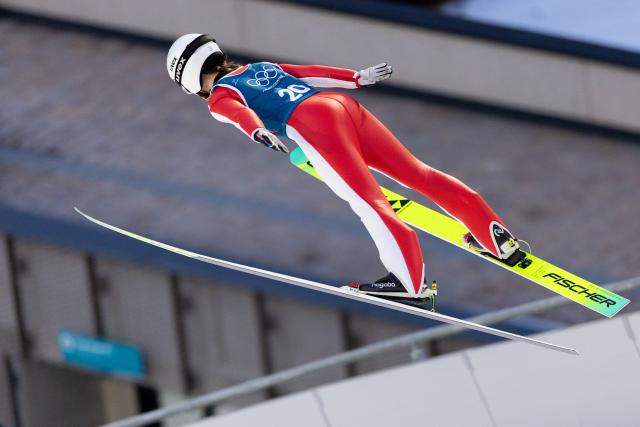 (260209) -- PREDAZZO, Feb. 9, 2026 (Xinhua) -- Klara Ulrichova of the Czech Republic competes during the Ski Jumping Women's Normal Hill third Official Training of the 2026 Milan-Cortina Winter Olympics in Predazzo, Italy, Feb. 8, 2026. (Xinhua/Huang Wei)