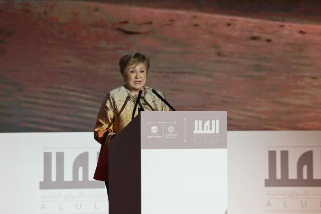 (260209) -- ALULA, Feb. 9, 2026 (Xinhua) -- International Monetary Fund Managing Director Kristalina Georgieva addresses the opening ceremony of the second edition of AlUla Conference for Emerging Market Economies in Alula, Saudi Arabia, Feb. 8, 2026. The second edition of AlUla Conference for Emerging Market Economies opened here on Sunday, centering on the opportunities and challenges facing emerging market economies amid profound global economic changes. (Xinhua/Luo Chen)