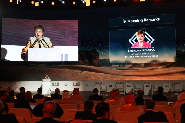 (260209) -- ALULA, Feb. 9, 2026 (Xinhua) -- International Monetary Fund Managing Director Kristalina Georgieva addresses the opening ceremony of the second edition of AlUla Conference for Emerging Market Economies in Alula, Saudi Arabia, Feb. 8, 2026. The second edition of AlUla Conference for Emerging Market Economies opened here on Sunday, centering on the opportunities and challenges facing emerging market economies amid profound global economic changes. (Xinhua/Luo Chen)
