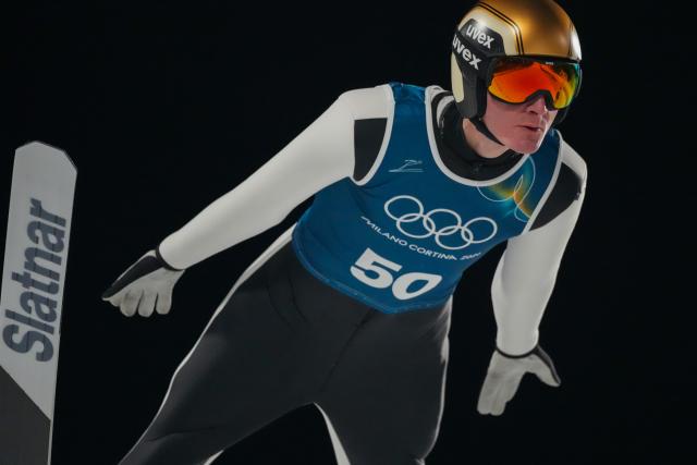 (260209) -- PREDAZZO, Feb. 9, 2026 (Xinhua) -- Domen Prevc of Slovenia competes during the Ski Jumping Men's Normal Hill second Official Training of the 2026 Milan-Cortina Winter Olympics in Predazzo, Italy, Feb. 8, 2026. (Xinhua/Huang Wei)