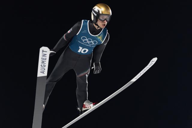 (260209) -- PREDAZZO, Feb. 9, 2026 (Xinhua) -- Francesco Cecon of Italy competes during the Ski Jumping Men's Normal Hill second Official Training of the 2026 Milan-Cortina Winter Olympics in Predazzo, Italy, Feb. 8, 2026. (Xinhua/Huang Wei)
