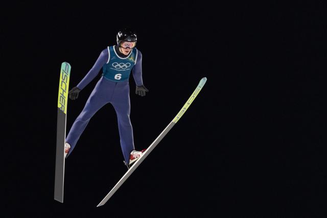 (260209) -- PREDAZZO, Feb. 9, 2026 (Xinhua) -- Kaimar Vagul of Estonia competes during the Ski Jumping Men's Normal Hill second Official Training of the 2026 Milan-Cortina Winter Olympics in Predazzo, Italy, Feb. 8, 2026. (Xinhua/Huang Wei)