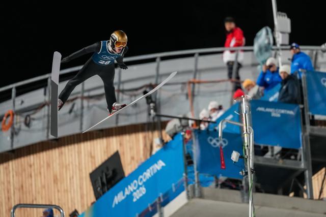 (260209) -- PREDAZZO, Feb. 9, 2026 (Xinhua) -- Niko Kytoesaho of Finland competes during the Ski Jumping Men's Normal Hill second Official Training of the 2026 Milan-Cortina Winter Olympics in Predazzo, Italy, Feb. 8, 2026. (Xinhua/Huang Wei)